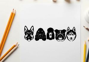 Silhouette of five dog breeds in a row illustration