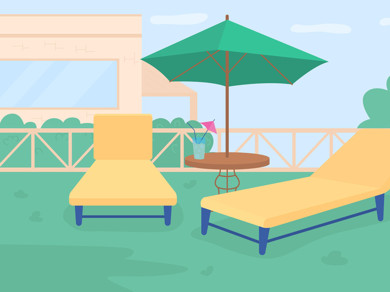 Sunbathing area in own garden flat color vector illustration