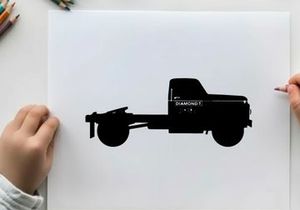 Silhouette of a pickup truck with a flatbed and red logo