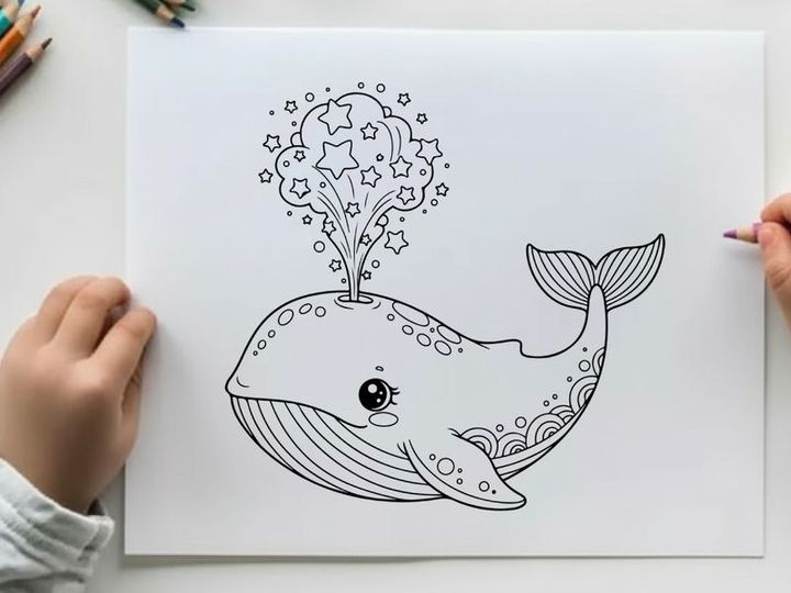 Whale spouting stars night sky dreamy vector illustration