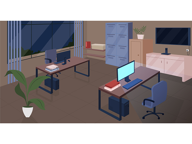 Open space office at night flat color vector illustration