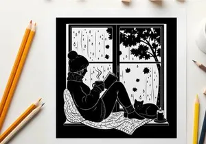 Cozy silhouette of a person reading near a rainy window with cat