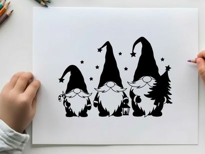 Three gnomes in silhouette with stars and christmas tree