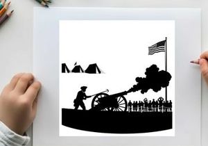 American civil war silhouette of soldier firing cannon with flag and tents