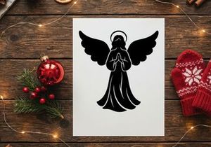 Silueta negra de un ángel en oración con alas y halo aislado sobre fondo blanco