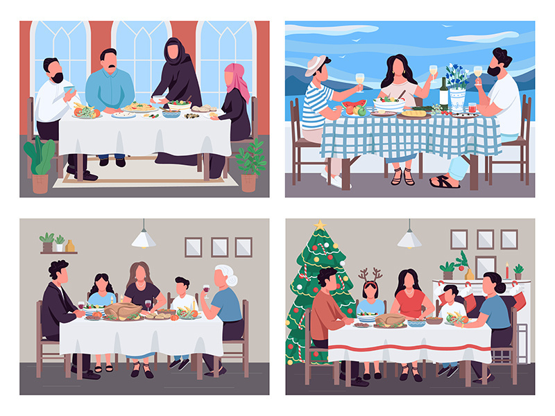 Traditional family dinners flat color vector illustration set