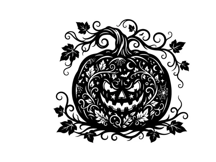 Halloween Pumpkin Carving with Spooky Face and Decorative Vines