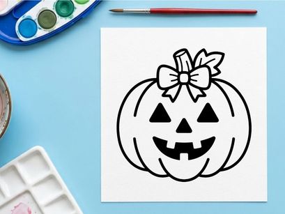 Cute cartoon jack-o'-lantern smiling for Halloween. Friendly pumpkin face with bow decoration for festive autumn designs.