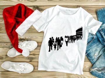 Silhouetted crowd walking towards a large building on a white background preview picture