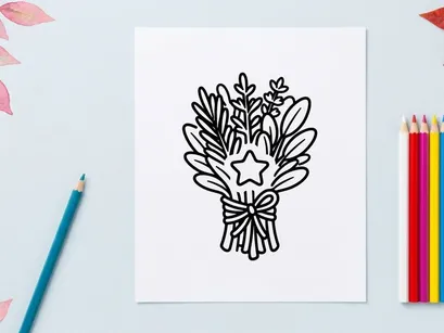 Hand drawn herb bouquet with star. Floral bundle sketch for rustic design elements.