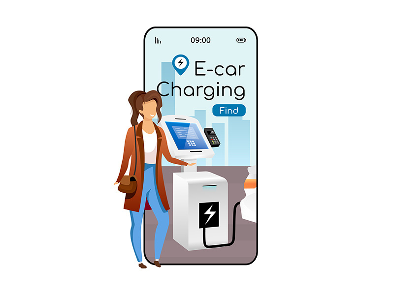 E car charging cartoon smartphone vector app screen