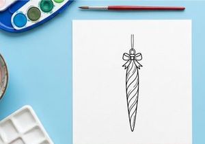Christmas tree icicle ornament line art drawing with a decorative bow hanging element.