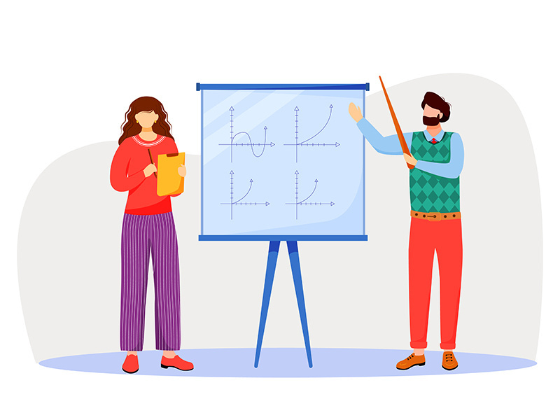 Teacher explains math graphs on whiteboard flat vector illustration