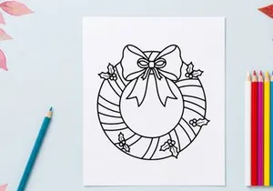 Christmas wreath line art illustration with festive bow and holly berries for coloring page