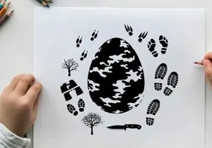 Silhouette of camouflage egg with footprints and outdoor objects