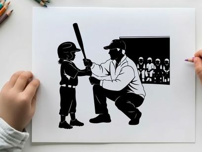 Baseball coach and child silhouette at batting practice