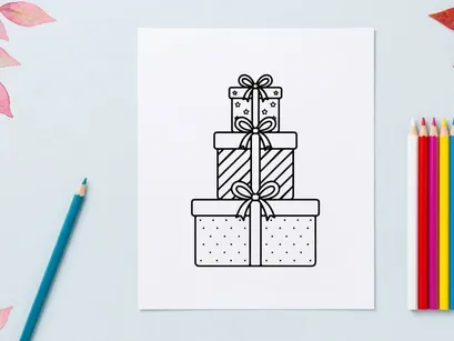 Stack of Christmas gift boxes with ribbons in a simple black and white line art style.