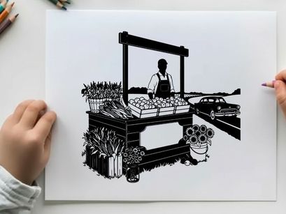 Silhouette of a person selling vegetables at a roadside market stall