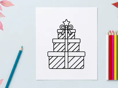 Stacked silver Christmas gift boxes with red ribbon bow and gold star decoration on white background