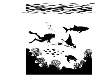 Underwater scene with scuba diver and marine life silhouette preview picture