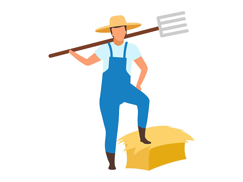 Male farmer standing on hay bale with pitchfork flat vector illustration