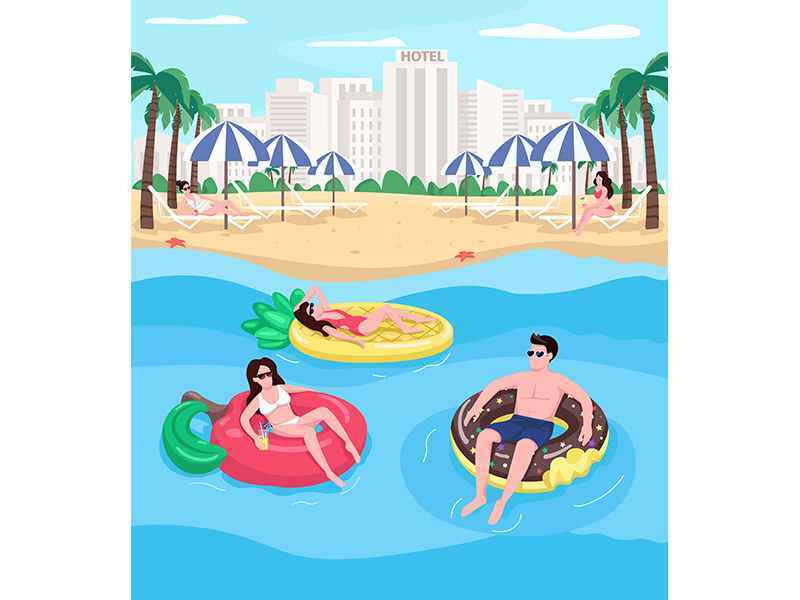 Young people relaxing at beach flat color vector illustration