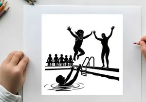 Silhouette of children playing and jumping into a swimming pool