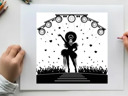 Silhouette of a drag queen performing on stage with confetti