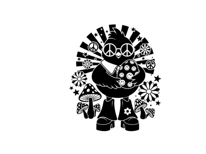 Groovy silhouette of a bird with peace signs and psychedelic patterns