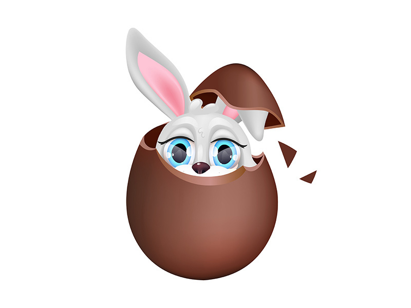 Cute bunny sitting in chocolate egg kawaii cartoon character