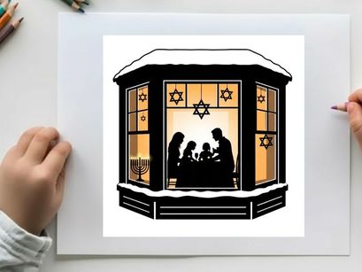 A silhouette of a family celebrating hanukkah in a cozy snow covered house