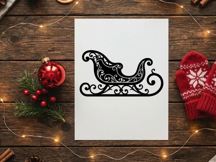 Black silhouette of a decorative Christmas sleigh isolated on a white background