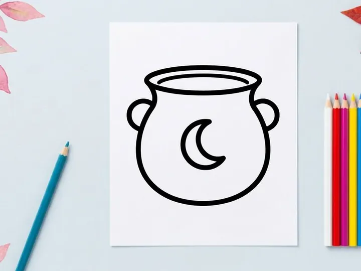 Cute black and white cauldron icon for Halloween. Vector witch pot illustration for spooky seasonal designs and decorations.