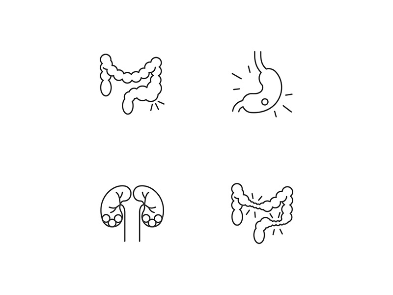 Abdominal pain linear icons set