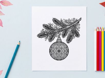 Hand-drawn Christmas ornament with intricate snowflake and pine wreath design for festive decor
