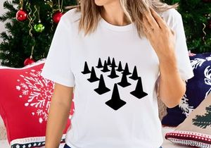 A group of black traffic cones arranged in a triangular formation on a white background