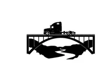 Truck crossing bridge silhouette against white background