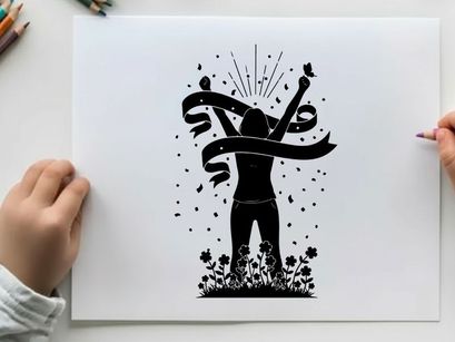 Silhouette of a person celebrating with ribbons and flowers