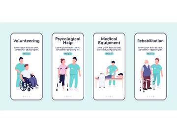 Disabled people care and rehabilitation onboarding mobile app screen flat vector template preview picture