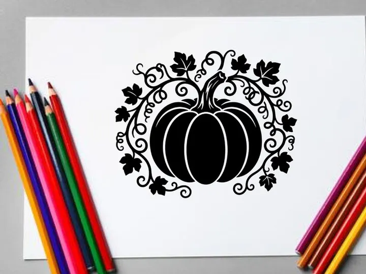Decorative pumpkin with vine and leaf design for autumn or Halloween