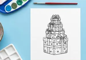 Stack of Christmas gift boxes with ribbons, hand drawn outline illustration for coloring
