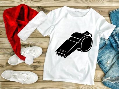 A black and white illustration of a standard referee whistle