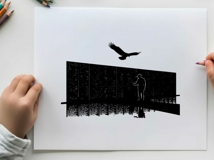 Silhouette of man and bird on a reflective surface with grid wall