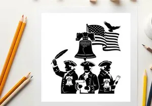 American revolution silhouette with patriotic symbols and founding fathers
