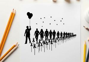 Silhouette of a crowd with a man holding a heart shaped balloon