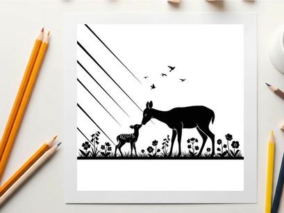 Mother deer and fawn silhouette in a field of flowers