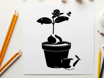 Silhouette of a potted plant with a watering can