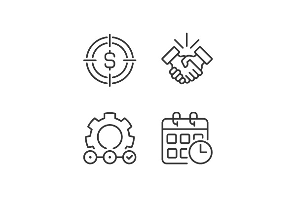 Successful business startup pixel perfect linear icons set