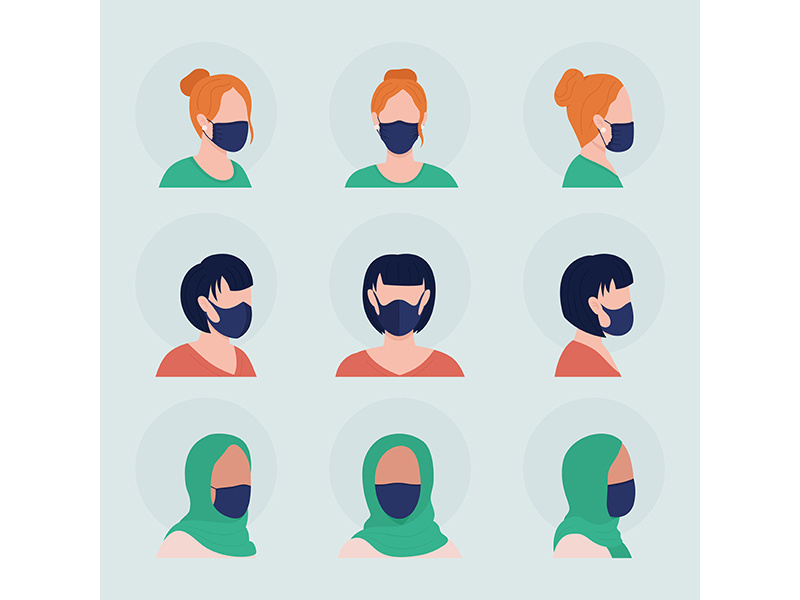 Women with black masks semi flat color vector character avatar set