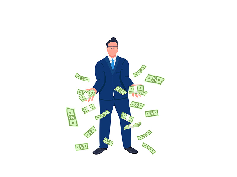 Businessman throwing money up flat concept vector illustration